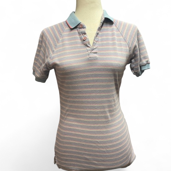 Vintage Loafers by Ryk Womens 70s Retro Purple Striped Polo Shirt Small Nerdcore - Picture 2 of 8